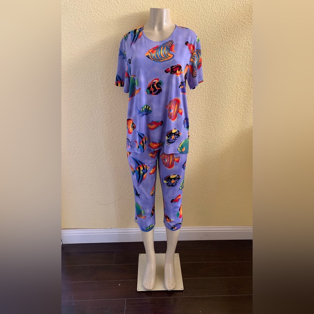 VTG Maxi Ma Size Large Multicolored Tropical Fish 🐠 Print 2pc Pants Set